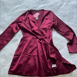 PrettyLittleThing Red Long Sleeve Wrap Dress